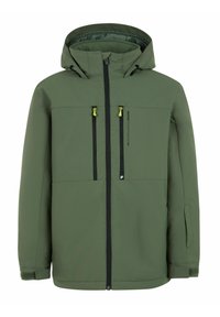 Veste d'hiver verte, imperméable, avec une capuche, fermeture éclair noire à l'avant et deux poches poitrine avec des tirettes jaunes contrastantes.
