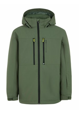 Grüne, wasserdichte Winterjacke mit Kapuze, schwarzem Reißverschluss vorne und zwei Brusttaschen mit kontrastierenden gelben Zippern.