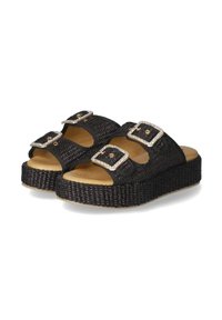 Sandales plateformes noires en osier avec deux larges sangles, ornées de boucles en rhinestones rectangulaires, et une semelle texturée.