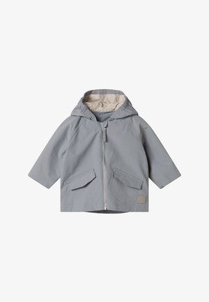 Παιδικό γκρι ανοιχτόχρωμο μπουφάν με κουκούλα, εμπρόσθιο φερμουάρ, δύο τσέπες με καπάκι και μπεζ φόδρα στο εσωτερικό της κουκούλας.
