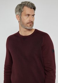Bordowy sweter z dzianiny o prążkowanej fakturze, okrągłym dekolcie i czatą łatą z logo na lewym rękawie. Posiada wszyte ramiona dla lepszego dopasowania.