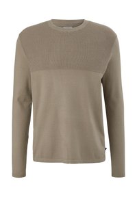 Pull homme taupe à manches longues avec panneau supérieur en maille texturée et corps en tissu lisse, col rond, poignets et ourlet côtelés.