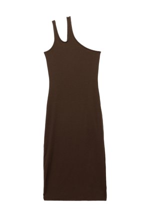 Braunes, geripptes Strickkleid mit einem Schulterdesign und zwei Spaghettiträgern; knielang mit einer figurbetonten Silhouette.