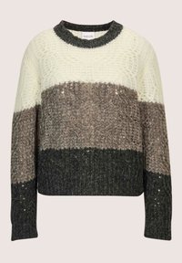 Grobstrickpullover mit breiten horizontalen Streifen in Creme, Taupe und Dunkelgrau, mit Rundhalsausschnitt und langen Ärmeln.
