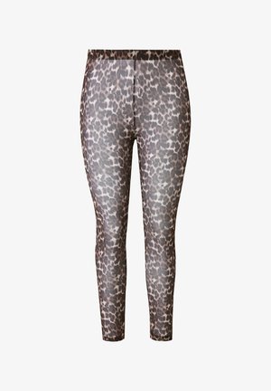 Leggings im Leopardenmuster aus glattem, dehnbarem Material mit figurbetontem Design, das bis unter das Knie reicht, und einem breiten, einfarbigen Taillenbund.