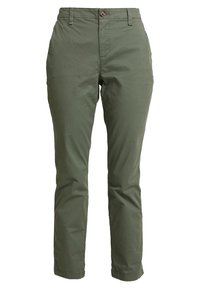 Pantalon en coton kaki avec une coupe droite, doté d'une fermeture à bouton unique et de passants pour ceinture, avec une texture lisse et mate.