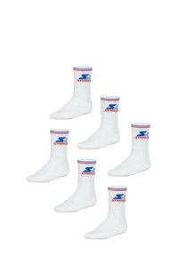White cotton socks featuring a ribbed texture and colored stripe pattern at the top, with a blue star logo and red lettering, arranged in a group.