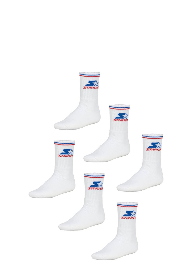 White cotton socks featuring a ribbed texture and colored stripe pattern at the top, with a blue star logo and red lettering, arranged in a group.