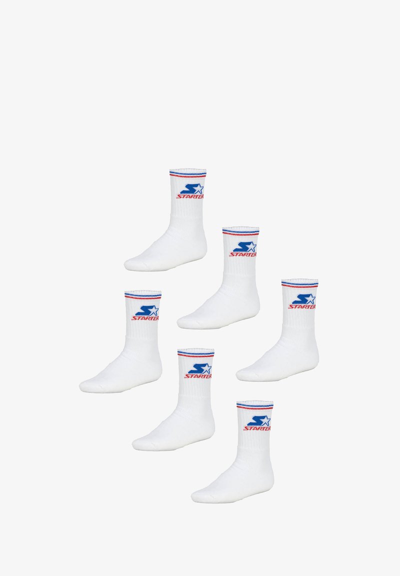 White cotton socks featuring a ribbed texture and colored stripe pattern at the top, with a blue star logo and red lettering, arranged in a group.