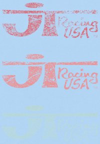 Světle modré pozadí se třemi překrývajícími se logy "JT Racing USA" v bledě růžové, zelené a bílé barvě, které mají opotřebovaný vzhled a různé úrovně průhlednosti.