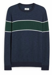 Mörkblå tröja med en texturerad stickning, med ett grönt horisontellt rand och en vit detalj ovanför. Ribbad mudd och halsringning.