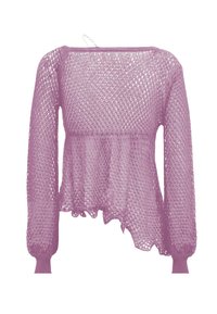 Maglione viola lavorato a maglia con maniche lunghe, texture a trama aperta, orlo a peplum leggermente svasato e bordi scallopati nella parte inferiore e nei polsini.