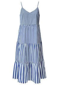 Pruhované šaty s tenkými ramínky, s přiléhavým topem v modro-bílých vertikálních pruzích a rozšířenou sukní ve více vrstvách s horizontálními pruhy.