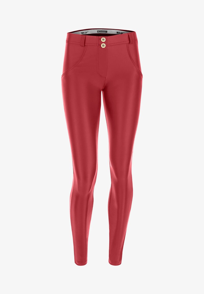 Punat tiukat housut, jotka on valmistettu venyvästä materiaalista, joissa on korkea vyötärö, kaksi nappia ja sivutaskut. Sileä pinta ja tyylikäs viimeistely.