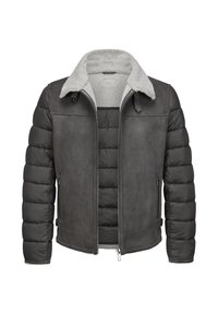 Graue Jacke mit Reißverschluss, die über ein gepufftes Design, gesteppte Ärmel und einen weichen, mit Fell gefütterten Kragen verfügt. Auffälliges strukturiertes Material und Reißverschlüsse.