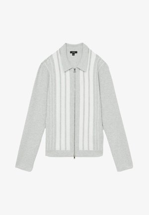 Pelēks jaka ar rāvējslēdzēju un apkakli, ar vertikālām baltām svītrām un strukturētu apdari. Garas piedurknes un ribota apakšmalas detaļa.