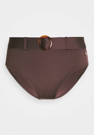 High-waisted brown bikini bottom with a sleek finish, featuring a glossy circular accent at the waist and subtle stitching details.