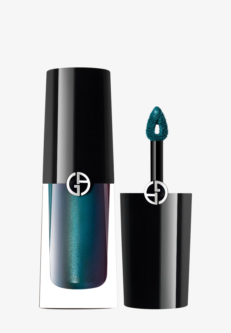 Lip gloss with black cap and built-in applicator showing teal blue shimmer color on the wand and inside the clear bottle.