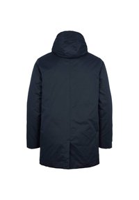 Námořnický zateplený kabát s kapucí, který má hladkou strukturu, dlouhé rukávy a rovný střih, sahající do poloviny stehna.