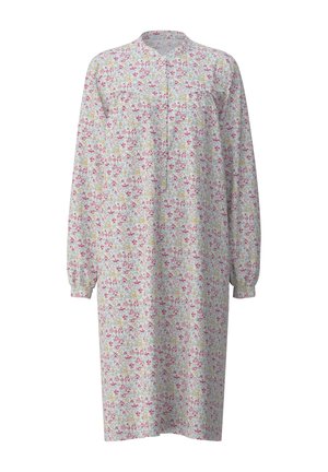 Blumiges Nachthemd aus hellblauem Stoff, verziert mit rosa, gelben und grünen Blumen. Lange Ärmel und ein Design mit Mandarin-Kragen.