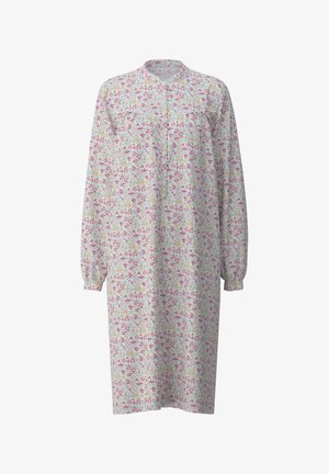 Fliederachtige nachthemd in lichtblauwe stof, met roze, gele en groene bloemen. Lange mouwen en een ontwerp met een mandarinnek.