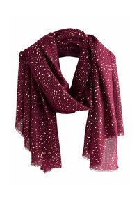 Burgunderroter Schal aus weichem Stoff mit einem verstreuten goldfarbenen Sprenkelmuster und ausgefransten Kanten für Textur.