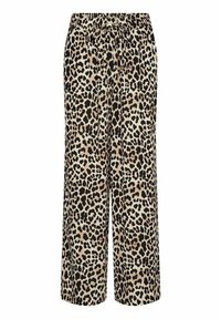 Leopard print wide-leg pants in beige and black fabric. Features an elastic waistband with a drawstring detail. Soft texture.
