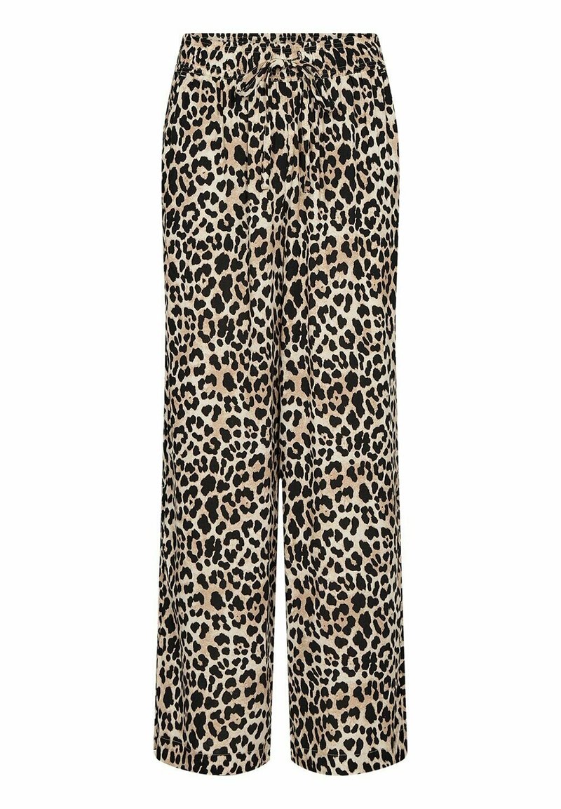 Leopard print wide-leg pants in beige and black fabric. Features an elastic waistband with a drawstring detail. Soft texture.