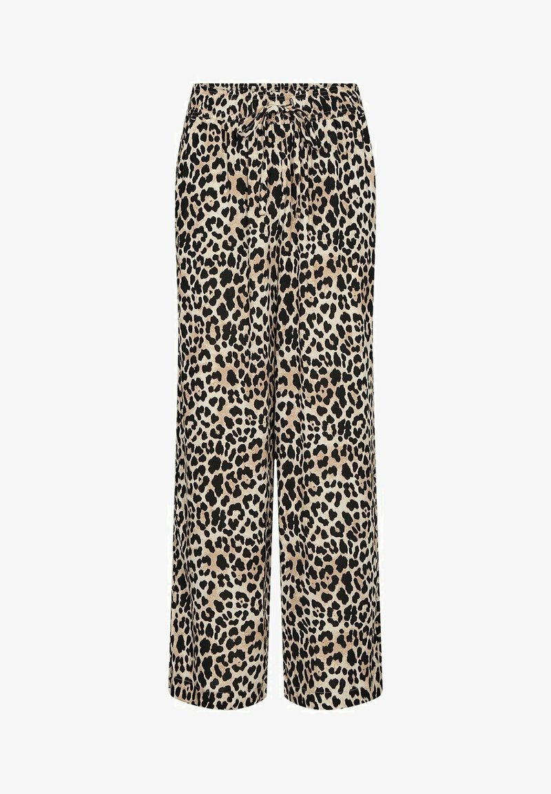 Široké nohavice s leopardím vzorom v béžovej a čiernej látke. Majú elastický pás s detailom na stiahnutie. Mäkkučký materiál.
