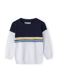 Mörkblå och vit stickad tröja med horisontella ränder i gult, ljusblått och vitt. Har en ribbad halsringning och ärmar.