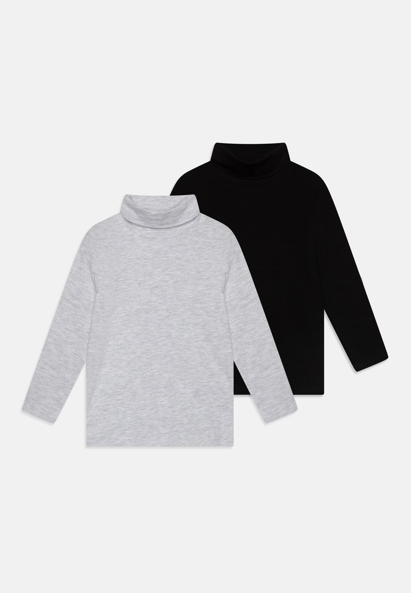 Zwei Langarm-Poloshirts, eines in Hellgrau und eines in Schwarz, mit weichem Stoff und einem klassischen Rollkragen-Design.