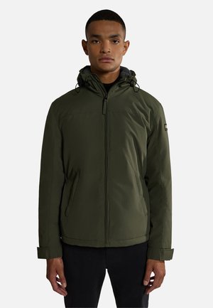 Olijfgroene lichtgewicht jack met een capuchon, ritssluiting, zijzakken en een grijze binnvoering; voorzien van verstelbare toggles en manchetten.