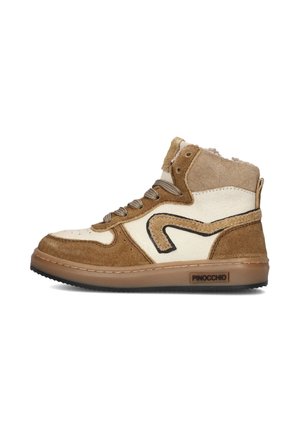 Cremefarbene und hellbraune Wildledersneaker mit hohem Schaft, kontrastierendem schwarzen Wellenmuster, strukturiertem Obermaterial und Sohle aus Gummi.