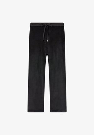 Czarne spodnie proste z elastycznym pasem i regulowanym sznurkiem, wykonane z miękkiej welurowej tkaniny.