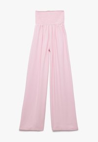 Lichtroze wijde broek met een gerimpelde taille. Gemaakt van zachte stof, met een losse, vloeiende ontwerp voor comfort en gemakkelijke beweging.