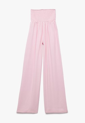 Lichtroze wijde broek met een gerimpelde taille. Gemaakt van zachte stof, met een losse, vloeiende ontwerp voor comfort en gemakkelijke beweging.