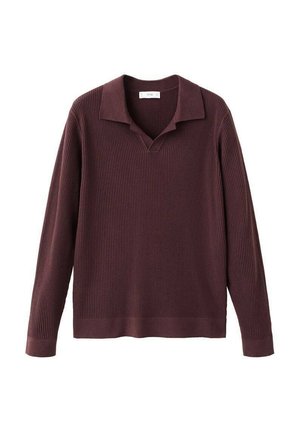 Bordowy sweter z dzianiny o prążkowanej fakturze, z kołnierzykiem w kształcie litery V oraz długimi rękawami. Charakteryzuje się luźnym krojem i prostym dołem na wysokości talii.