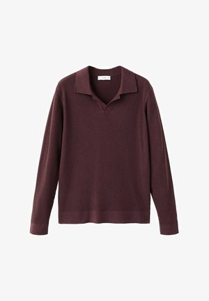Bordowy sweter z dzianiny o prążkowanej fakturze, z kołnierzykiem w kształcie litery V oraz długimi rękawami. Charakteryzuje się luźnym krojem i prostym dołem na wysokości talii.