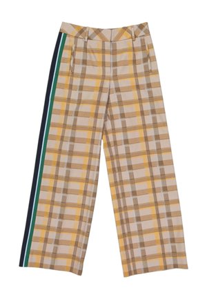 Broek met wijde pijpen met een beige, geel en bruin geruit patroon en verticale groene, witte en marineblauwe strepen aan de zijkant.