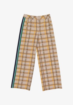 Pantalon à jambes larges avec motif à carreaux beige, jaune et marron et bandes latérales verticales vertes, blanches et bleu marine.