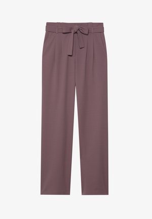 Plum-colored wide-leg trousers with a belted waist, pleated front, and smooth texture. Features side pockets and a tailored design.