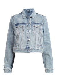 Giacca in denim blu chiaro tagliata, con dettagli in metallo argentato, due tasche sul petto e particolari consumati sulle maniche.
