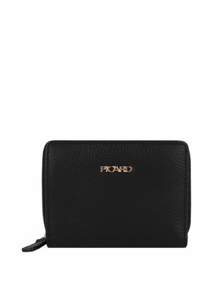 Black leather wallet with a textured finish, featuring a gold logo at the front and a zip closure along the top edge.