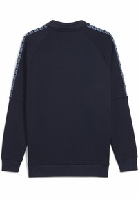 Felpa blu navy con collo alto, maniche raglan e rifiniture decorative a contrasto lungo spalle e maniche. Tessuto liscio.