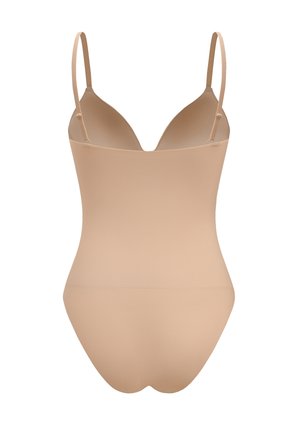 Nude, naadloze bodysuit met verstelbare dunne bandjes, V-halslijn en een gladde textuur, ontworpen voor een aansluitende silhoutte.