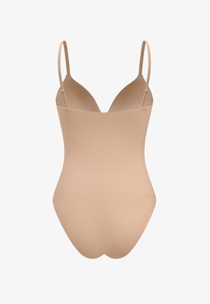 Nude, naadloze bodysuit met verstelbare dunne bandjes, V-halslijn en een gladde textuur, ontworpen voor een aansluitende silhoutte.