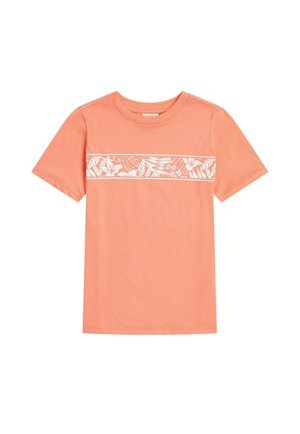 T-shirt corta a maniche corte color corallo in cotone, con fascia a stampa floreale bianca sul petto e scollo rotondo.