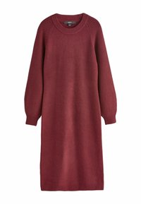 Pletené šaty v hlbokej burgundskej farbe, s okrúhlym výstrihom, dlhými rebrovanými rukávmi a voľným strihom s hladkou textúrou.