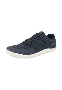 Zapatillas deportivas azul marino con parte superior de malla, suela de goma y diseño texturizado en la suela. Cuentan con cordones ajustables y un discreto logotipo en el lateral.