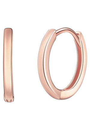 Orecchini a cerchio in oro rosa con un design liscio e arrotondato. Presentano un profilo elegante e una finitura lucida, che mette in risalto il loro aspetto moderno.